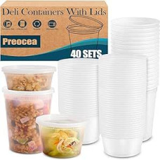 40 Combo Pack Deli konteineriai su dangteliais Vienkartiniai maisto laikymo konteineriai Nuotėkio patikimas Heavy Duty BPA Nemokama mikrobangų krosnelė Šaldiklis saugus indaplovė saugus (8oz, 16oz, 32oz)