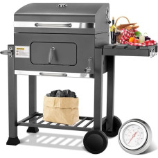 Pilkas medžio anglių kepsninė XL, grilio vežimėlis su medžio anglimis, didelė medžio anglių kepsninė, kepsninė, rūkykla, medžio anglių kepsninė su dangčiu, 2 dalių ratai, grotelės ir termometras, reguliuojamas aukštis, BBQ kepsninė stovyklavimui