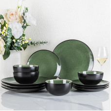 GBhome GDW025DG-EU Stoneware Crockery Set for 4 People, 12-Piece Reactive Glaze, Handmade Stoneware Crockery Set, Microwave & Dishwasher Safe Bowl and Plate Set, Evergreen