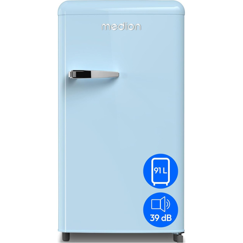 MEDION MD37800 Retro šaldytuvas (91 litrų, 91 cm aukščio (reguliuojamo aukščio kojelės), reguliuojamo aukščio stiklinės lentynos, skaidrus daržovių stalčius, laisvai pastatomas, dešinysis durų vyris, metalinė durų rankena, mėlynos spalvos
