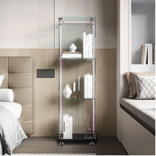 Stiklinė vitrina su LED, stiklinė vitrina su 1 durelėmis, 3 lentynomis, vitrina su užraktu, vitrina kolekcininkams, gyvenamajame kambaryje, moderni baro vitrina (juoda, šviesos juostelės + ratukai)