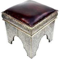Azijos taburetė Odos ruda | Žalvario sidabras Rytų taburetė Minkštas paviršius Natūrali oda Marokietiška pėdų sekcija Aukštis 50 cm Dekoratyvinis Osmanų dizainas Sėdynė Kubas Sėdynė Pouf 130130