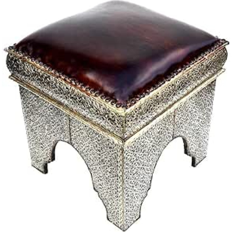 Azijos taburetė Odos ruda | Žalvario sidabras Rytų taburetė Minkštas paviršius Natūrali oda Marokietiška pėdų sekcija Aukštis 50 cm Dekoratyvinis Osmanų dizainas Sėdynė Kubas Sėdynė Pouf 130130