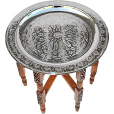 Rytietiškas stalas, pagamintas iš sidabruoto žalvario padėklo, kedro medžio rėmo, skersmuo 50 cm, skirtas jūsų svetainei, antikvarinis senovinis marokietiškas staliukas, sofos staliukas, 100 % tradicinis rankų darbo