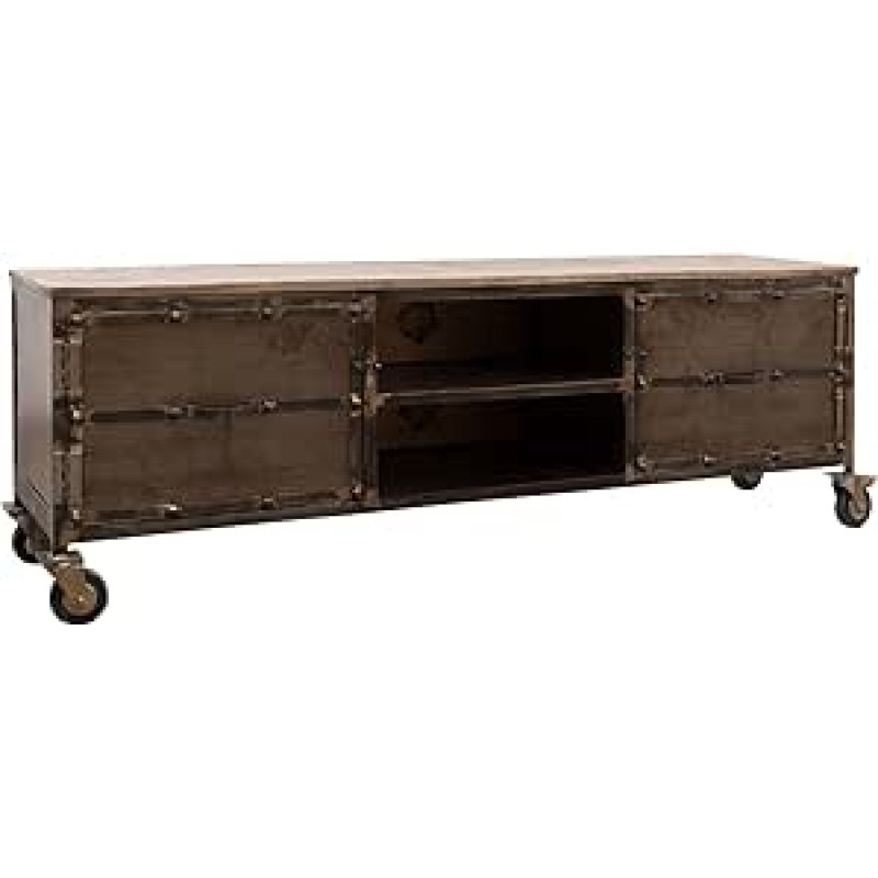 MASSIVMOEBEL24.DE Sunkiosios pramonės televizoriaus lenta iš medžio masyvo #233 Mango mediena su geležimi - rudai lakuota 170 x 40 x 60 cm 2 atviri skyriai + 2 durys Žemoji lenta