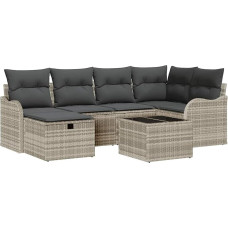 7-teiliges Garten Sofa Set mit Kissen Hellgrau Poly Rattan, 2-Sitzer Garten Sofa mit Stauraum & Kissen Hellgrau Poly Rattan Gartenlounge Modelis3360323