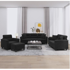 4-TLG. Schwarze Mikrofaser Sofagarnitur mit Fußhocker Modernes Design Ecksofa Sessel Zweisitzer Dreisitzer für Wohnzimmer Balkon Jugendzimmer