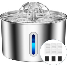 Kačių fontanėlis iš nerūdijančio plieno, 2,2 l itin tylus geriamasis fontanėlis katėms su kabeliu, lengvai valomas, kačių geriamasis fontanėlis su keturguba filtravimo sistema ir LED apšvietimu, su 3 aktyvuotos anglies rūšimis