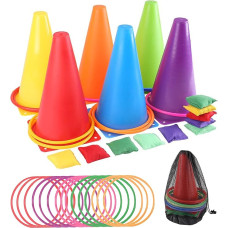 32 dalių žiedų mėtymo žaidimų rinkinys, 3 in 1 karnavalinis kombinuotas rinkinys su pupelių maišais, plastikiniais lankeliais, kūgio formos žymekliais ir krepšiu, vikrumo lavinimo žaidimai, skirti uždarų patalpų lauko sporto aikštynams kieme