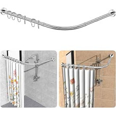 Dušo užuolaidų bėgelis, be gręžimo, 304 nerūdijančio plieno L formos teleskopinis strypas, 75-105 x 115-175 cm, 18 žiedų, be lubų laikiklio, kampinis dušo užuolaidų bėgelis, atsparus rūdims, skirtas voniai ir dušui -