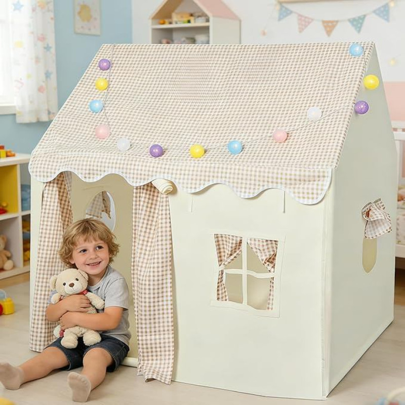 FUNYKICH Kinder Spielzelt Indoor mit Matte, Lichtern und Metallgestell, Einfach zu montieren, geräumiges Kinderspielhaus für Kinderzimmer Deko, 120x100x130cm Tipi Zelt für 3-12 Kinder als Geschenk