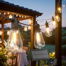 Kawaya Solar Fairy Lights Outdoor 10 m LED Fairy Lights Outdoor Solar Rechargeable 5 Light Modes IP65 Waterproof with 15 + 1 ST38 Bulbs Warm White Outdoor Balcony Fairy Lights for Garden Patio