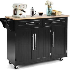 COSTWAY Virtuvės vežimėlis ant ratukų, serviravimo vežimėlis, virtuvės vežimėlis su stalčiais, šoninis vežimėlis, virtuvės salos bufetinė spintelė, medinė, virtuvės spintelė su stalviršiu (juoda)