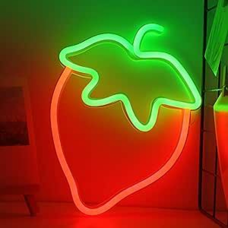 Braškių neoninis ženklas, ryški vaisių formos neoninė šviesa su energiją taupančiais LED, 18 x 24 cm, neoninė šviesa su baterija arba USB maitinimu, skirta miegamajam, barui, vakarėliui, vaisių parduotuvei, sienų apdailai