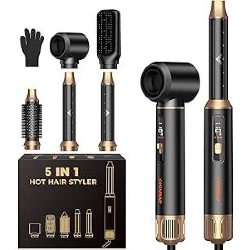 OKWRAP Hairstyler 5 in 1, LCD plaukų stiliatorius Airbrush, plaukų stiliatoriaus rinkinys su apvaliu šepečiu džiovintuvu Plaukų stiliatorius Karšto oro šepetys Plaukų džiovintuvas garbanojimo geležis Oro terminis šepetys Plaukų stiliatoriaus rinkinys ties