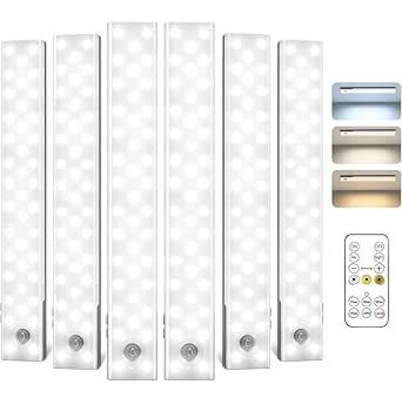 EZVALO spintelės apšvietimas 6 vnt. 23 cm 62 LED, 1600 mAh virtuvės LED lemputė su 3 spalvų temperatūromis, reguliuojamas belaidis spintelės apšvietimas su judesio jutikliu, skirtas spintai, virtuvei