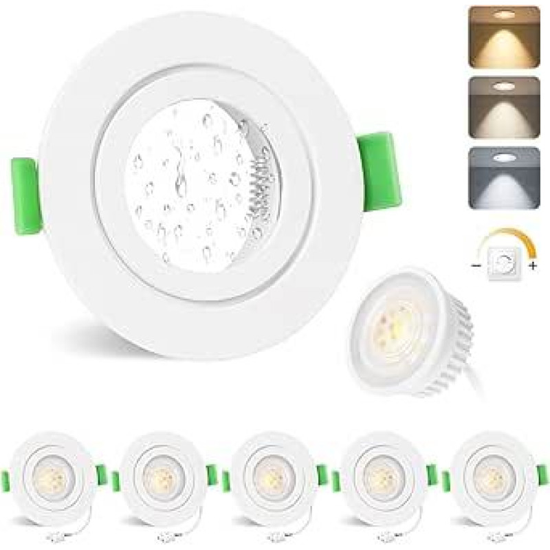 6 įleidžiamų prožektorių rinkinys IP65, įskaitant 5 W LED modulį, kurį galima reguliuoti 2700 K / 4000 K / 6000 K LED įleidžiami prožektoriai 230 V matinės baltos spalvos lubų prožektoriai apvalūs plokšti įleidžiami žibintai