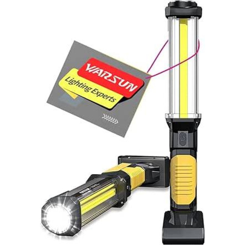 WARSUN LED darbo šviesa Įkraunama dirbtuvių lempa Žibintas 1500 Lumen COB Apžiūros žibintai Darbo žibintas Rankinis žibintas su kabliu Automobilio apžiūros šviesos avarinis [G energijos klasė] (pakuotė po 1)