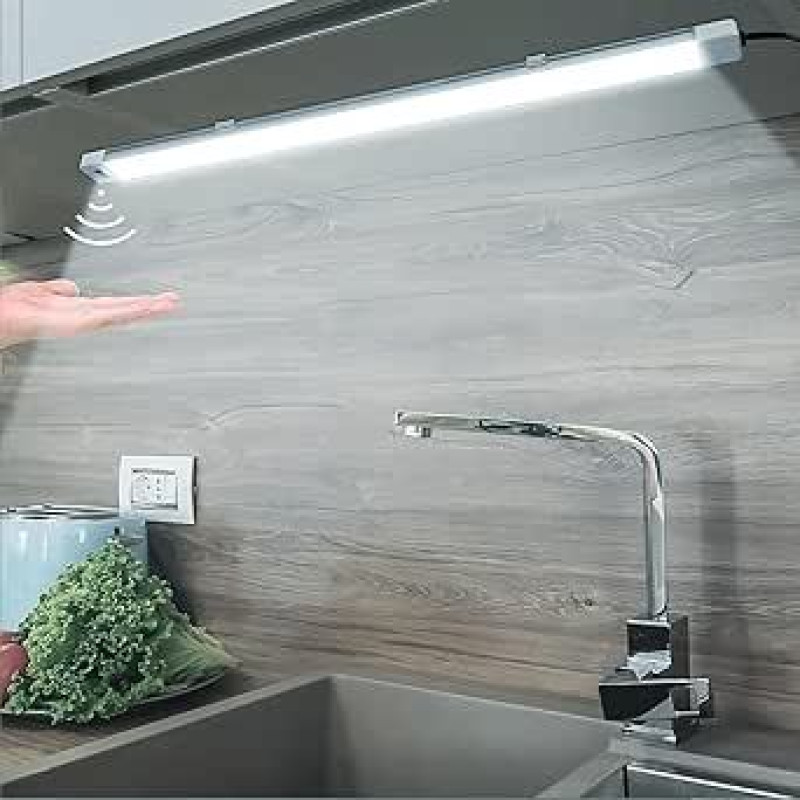 LUXJET 60 cm neutralios baltos spalvos LED šviesos juosta su bekontakčiu jutikliu, 220 V, 1,2 m ilgio laidas, skirta stalui, virtuvei, lentynoms, spintai