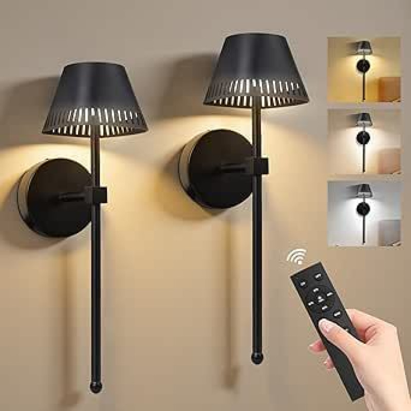 AVANLO 2 kambarinių sieninių šviestuvų paketas, baterija, belaidis sieninis šviestuvas su nuotolinio valdymo pulteliu, 3 spalvos, reguliuojamas, nuimamas LED sieninis šviestuvas miegamajam, svetainei (juodas B)