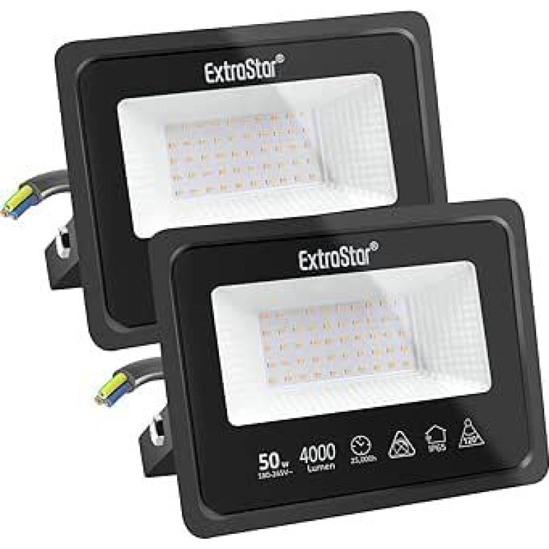 EXTRASTAR 2 pakuotės 50W 4000LM vandeniui atsparus IP65 šiltas 3000K lauko LED prožektorius terasai, sodui, kiemui, parkui, garažui, koridoriui