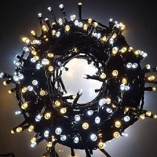 LED String Lights All Flashes Green Cable 4M IP44 Indoor Outdoor 31V with Timer Decorative Christmas Lights for Garden Party (Ice White+Warm White, 25M 500LED)