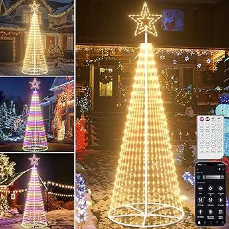 3,6 m ilgio LED eglutė, metalinė lauko eglutė, kalėdinės dekoracijos, 660 LED diodų su žvaigždute, programėle ir nuotolinio valdymo pulteliu, reguliuojamas apšvietimas, laikmatis, IP44 atsparumas vandeniui - sodui, vejai (šiltai balta)