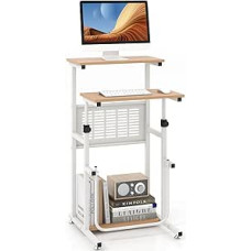 COSTWAY Desk, Computer Desk with Height-Adjustable Table Top, PC Table, Standing Seat Table, Laptop Table for Home & Office, 55 x 53 x 98 cm, Oak