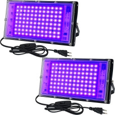 CREATESTAR UV juodos šviesos prožektorius 100 W, LED juodos šviesos lempa IP65 vandeniui atsparus UV prožektorius su kištuku, prožektorius švytėjimo vakarėliams, barams, diskotekoms, vakarėliams su juodomis šviesomis (2 vnt.)