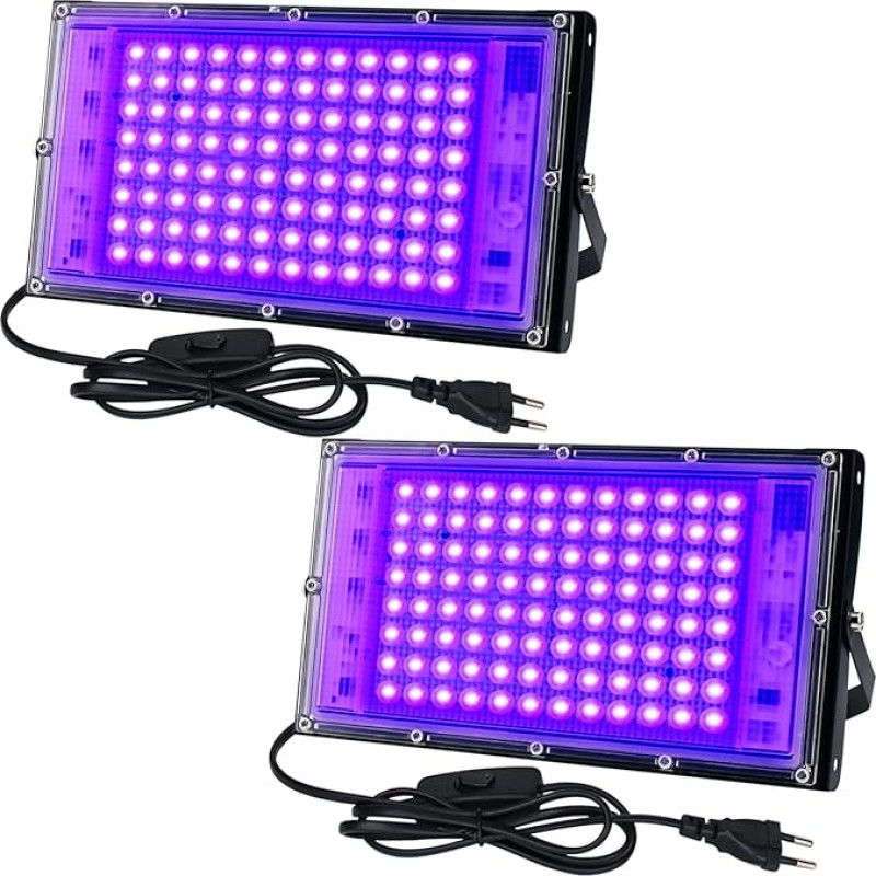 CREATESTAR UV juodos šviesos prožektorius 100 W, LED juodos šviesos lempa IP65 vandeniui atsparus UV prožektorius su kištuku, prožektorius švytėjimo vakarėliams, barams, diskotekoms, vakarėliams su juodomis šviesomis (2 vnt.)