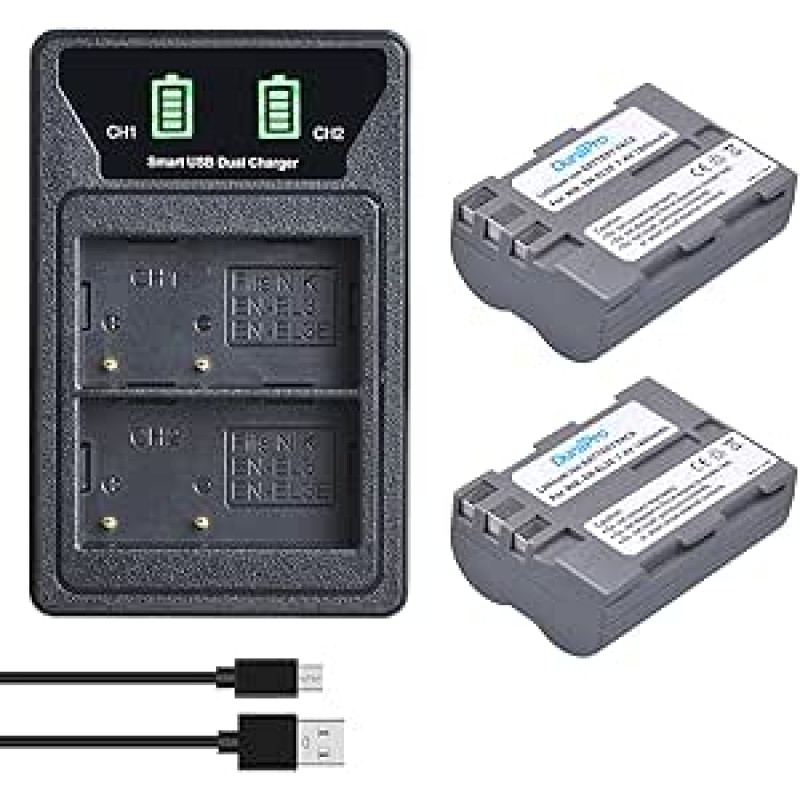 DuraPro 2 x EN-EL3e EN EL3E baterija + LED dvigubas integruotas USB įkroviklis su C tipo prievadu, skirtas Nikon EN-EL3E Nikon D50, D70, D70s, D80, D90, D100, D200, D300, D300S, D700 skaitmeniniams fotoaparatams