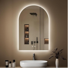 OUMUSU Vonios veidrodis su apšvietimu, 50 x 75 cm, berėmis vonios veidrodis su apšvietimu, lenktas vonios veidrodis su apšvietimu, apsaugotas nuo rūko, jutiklinis jungiklis, pritemdomas, 3 reguliuojamos šviesos spalvos