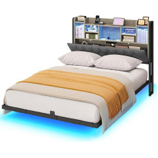 YITAHOME LED lovos rėmas su galvūgaliu LED apšvietimas USB įkrovimo stotelė su galvūgaliu Plaukiojantis dizainas Metalinis rėmas Audinys, pilkos spalvos, be čiužinio 140 x 200 cm