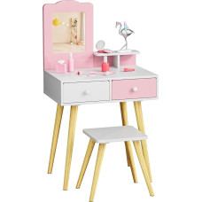 MAMIZO Vaikų tualetinio staliuko rinkinys, medinis tualetinis staliukas su nuimamu veidrodžiu ir 2 stalčiais, rašomasis stalas su taburete, princesės tualetinis staliukas nuo 3 metų, 60 x 40 x 108 cm, rožinės spalvos
