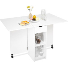 Mondeer Folding Dining Table, Kitchen Table with 1 Drawer and 2 Shelves for 2-4 People, Folding Table Dining Room Table with Wheels for Small Spaces, Dining Room, Kitchen, 72 x 120 x 75 cm, White