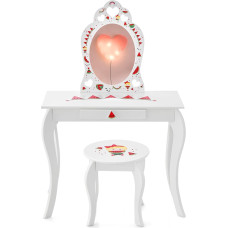 GOPLUS 2-in-1 Children's Wooden Dressing Table, Desk with Stool, Drawer & Removable Mirror, Cosmetic Table with Tilt Protection & Non-Slip Feet, for Girls from 3 Years, White