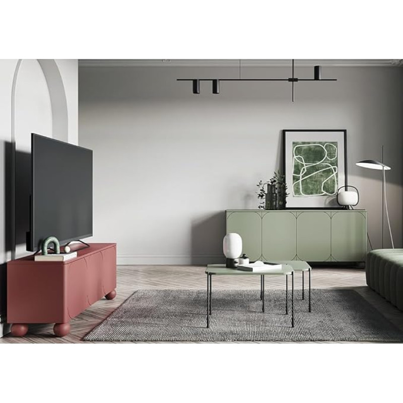Lomadox Wohnzimmer Set in grün und rot matt 4-teilig mit Lowboard, Sideboard mit Kugelfüßen, grifflos Push-to-Open, 2 Couchtische mit Metallbeinen