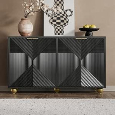 Lexiou Sideboard with Four Moulded Doors, Interior Shelves, Metal Handles and Adjustable Legs (Black)