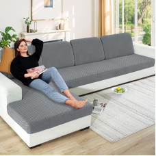 YEMYHOM Stretch Cushion Covers Long Sofa Seat Cushion Slipcovers Soft Couch Cover Replacement Large Checked Furniture Protector with Elastic Bottom (1 vnt., 3 sėdimųjų vietų pagalvių dangtelis, šviesiai pilka)