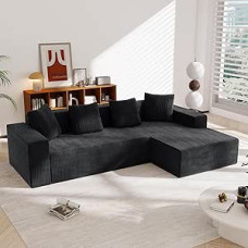 A ALFRESCOOL Kampinė sofa su miego funkcija - didelė 3 vietų sofa svetainei, L formos sofa, modulinė sofa lova, moderni sofa lova, kampinė sofa su 4 pagalvėlėmis, 274 x 102 cm, juoda