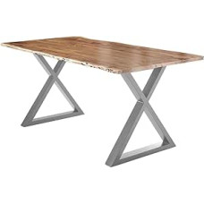 SAM Lubin valgomojo stalas, 180 x 90 cm, natūrali akacijos mediena, masyvus valgomojo stalas su tikrais lapais, lapo formos stalas su uždaru X formos rėmu, sidabrinės spalvos, 26 mm stalviršis