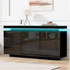 LANTRO JS komoda su LED apšvietimu, blizganti svetainės komoda su 3 stalčiais ir 2 durelėmis, daugiafunkcinė, modernaus dizaino, 140 x 35 x 72,5 cm, juoda