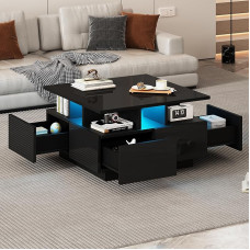 BTM 70 x 70 x 40 cm Living Room Tea Table, High Gloss Coffee Table, Coffee Table with LED Light, Sofa Table with 4 Drawers, Side Table with Geometric Design, Black, Total Load Capacity 30 kg