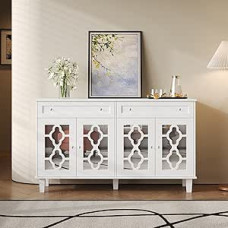 KAZZIO Sideboard with Four Mirror Doors, Drawer Cabinet with Drawers, Adjustable Shelves and Crystal Handles