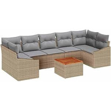 8-teiliges Garten Sofa Set mit Kissen Beige Poly-Rattan Akazie Gartenlounge Model3347798