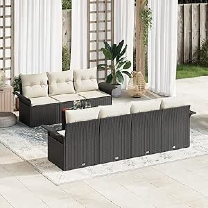 8-teiliges Garten-Sofa-Set mit Kissen Schwarz Poly-Rattan Akazie Gartenlounge Modelis3355954