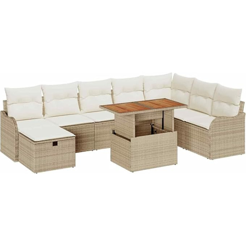 9-teiliges Garten-Sofa-Set mit Kissen Beige Poly-Rattan, 2-Sitzer Garten-Sofa mit Kissen Beige Poly-Rattan Gartenlounge Modelis3359956