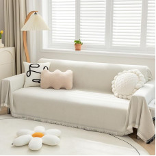 Chenille-Sofabezug, extra breit, wasserabweisend, waschbar, Sektions-Couchüberzüge für 2 bis 3 Kissen, Quastenrand, robuster Couchschutz für Hunde, Beige, 231,1 x 381 cm