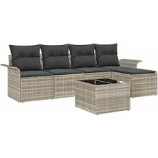 6-teiliges Garten Sofa Set mit Kissen Grau Poly Rattan, 2-Sitzer Garten Sofa mit Stauraum & Kissen Hellgrau Poly Rattan Gartenlounge Model3354001