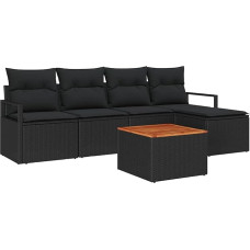 6-teiliges Garten-Sofa-Set mit Kissen Schwarzes Poly-Rattan Akazie, 2-Sitzer Garten-Sofa mit Kissen Schwarzes Poly-Rattan Gartenlounge Modelis3347695